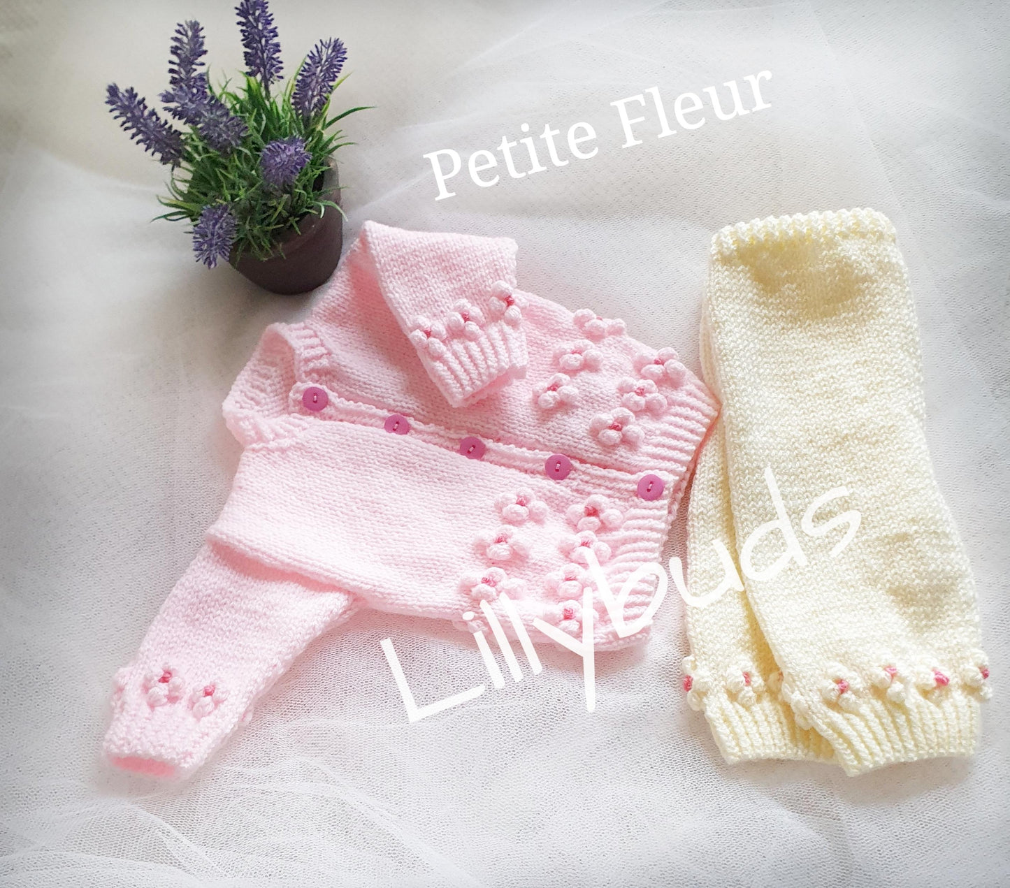 Petite Fleur Flower Motif Cardigan & Trouser Set 0–12 Months Knitting Pattern