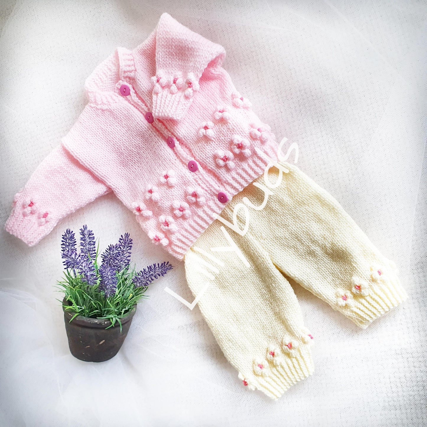Petite Fleur Flower Motif Cardigan & Trouser Set 0–12 Months Knitting Pattern