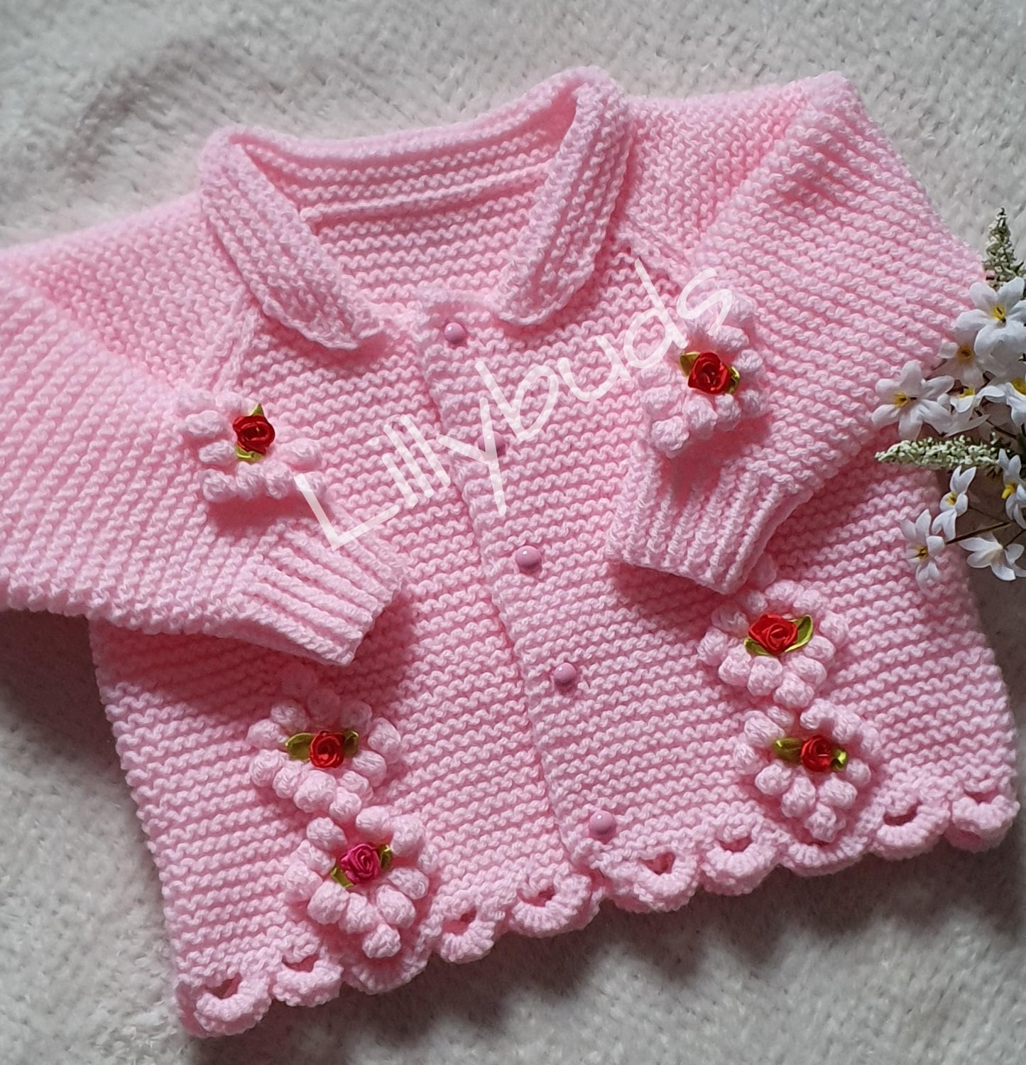 Sunday Best Floral Bobble Cardigan 20"–24" Knitting Pattern