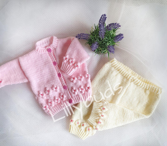 Petite Fleur Flower Motif Cardigan & Trouser Set 0–12 Months Knitting Pattern