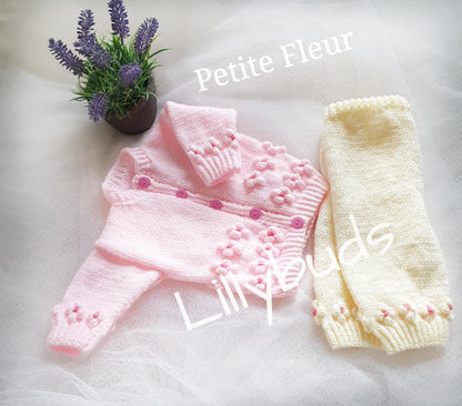 Petite Fleur Flower Motif Cardigan & Trouser Set 0–12 Months Knitting Pattern