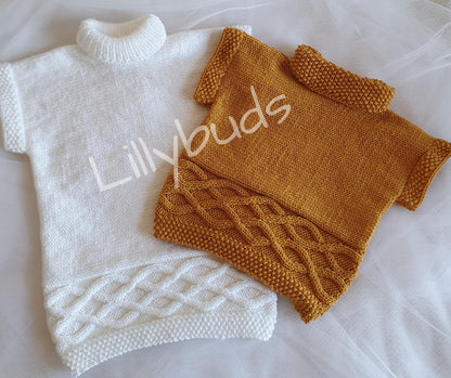 Delphine Aran Tabard Sweater 22"–26" Knitting Pattern