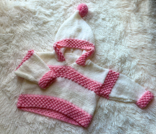 April Hooded Baby Sweater Knitting Pattern 18"-24"